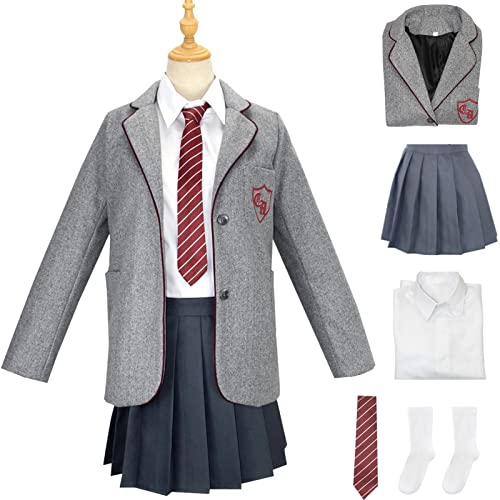 YEAJION Matilda Cosplay Kostüm Mädchen Verkleidung Matilda The Musical Vollständige College Uniform Jacke Hemd Rock Krawatte und Socken 5 Stück Set für Halloween Karneval Geburtstag Party Outfit Grau von YEAJION