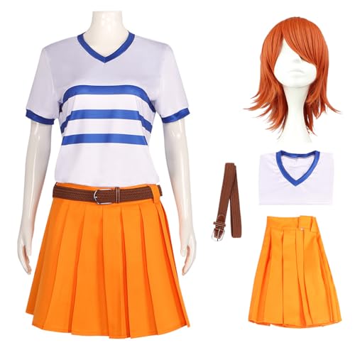 YEAJION Nami Cosplay Kostüm Set mit Perücke Anime One Piece Verkleidung Live Action Film Outfit Nami Cosplay Halloween Karneval Party Kostüm für Erwachsene von YEAJION