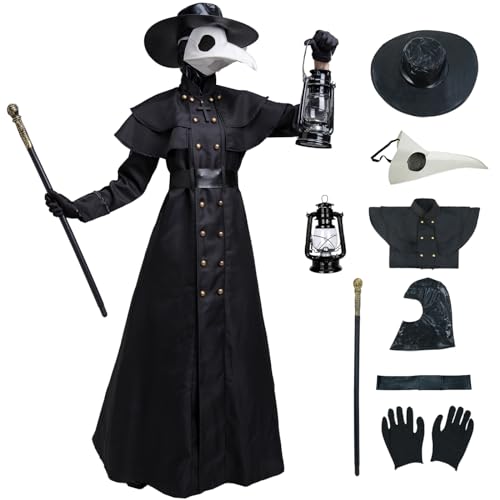 YEAJION Pest Arzt Kostüm mit Zubehör Pestarzt Maske Mittelalterlicher Steampunk Stil Pestdoktor Kostüm Halloween Kostüm für Erwachsene Karneval Party Cosplay Schwarz von YEAJION