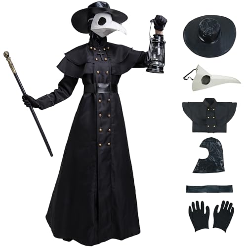 YEAJION Pest Arzt Kostüm mit Zubehör Pestarzt Maske Mittelalterlicher Steampunk Stil Pestdoktor Kostüm Halloween Kostüm für Erwachsene Karneval Party Cosplay Schwarz von YEAJION