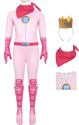 YEAJION Prinzessin Peach Cosplay Kostüm Damen Mädchen Jumpsuit und Halstuch Krone 3 Stück Anzug für Erwachsene Kinder Verkleidung Halloween Weihnachten Karneval Geburtstagsfeier Outfits Rosa von YEAJION