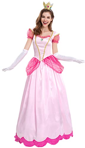 YEAJION Prinzessin Peach Kostüm Damen Cosplay Prinzessin Peach Lang Abendkleider und Krone Handschuhe Anzug für Verkleidung Halloween Weihnachten Karneval Geburtstagsfeier Outfits Rosa Größe S-3XL von YEAJION