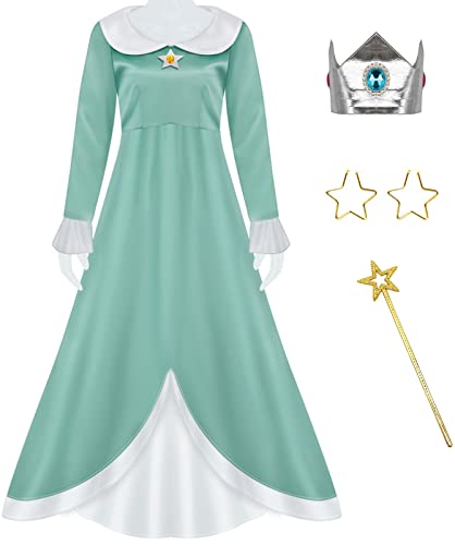 YEAJION Prinzessin Peach Kostüm Mädchen Damen Cosplay Prinzessin Daisy Prinzessin Rosalina Maxikleid und Krone Ohrringe Handschuhe Set Halloween Weihnachten Karneval Verkleidung Festkleid Anzug von YEAJION