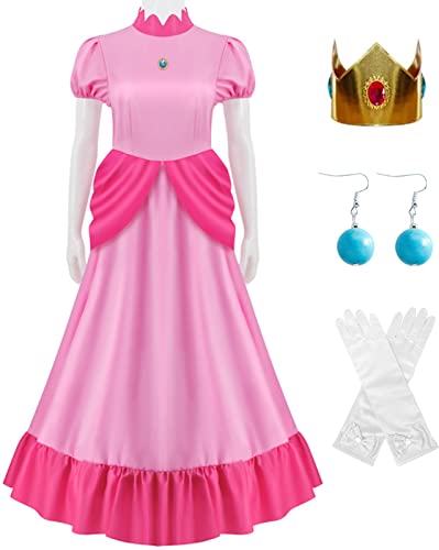 YEAJION Prinzessin Peach Kostüm Mädchen Damen Cosplay Prinzessin Daisy Prinzessin Rosalina Maxikleid und Krone Ohrringe Handschuhe Set Halloween Weihnachten Karneval Verkleidung Festkleid Anzug von YEAJION