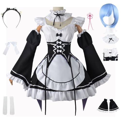 YEAJION Rem Ram Cosplay Kostüm Komplettes Set mit Perücke Maid Dress Anime Re Zero Cosplay Rem Ram Verkleidung Maid Kleid Halloween Karneval Party Bühnenauftritt Kostüm Erwachsene von YEAJION