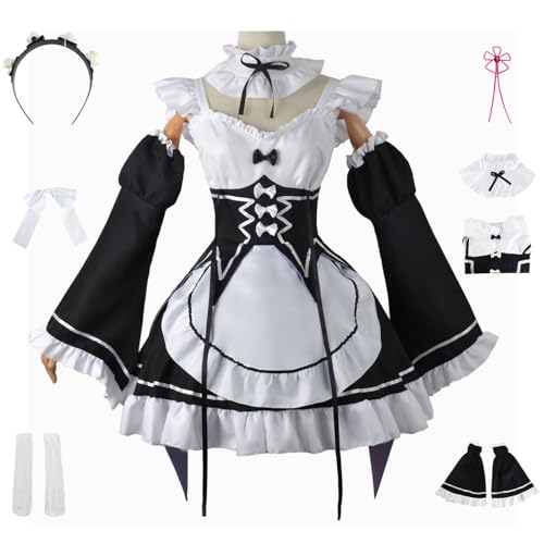 YEAJION Rem Ram Cosplay Kostüm Komplettes Set mit Perücke Maid Dress Anime Re Zero Cosplay Rem Ram Verkleidung Maid Kleid Halloween Karneval Party Bühnenauftritt Kostüm Erwachsene von YEAJION