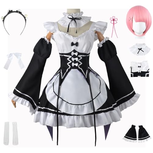 YEAJION Rem Ram Cosplay Kostüm Komplettes Set mit Perücke Maid Dress Anime Re Zero Cosplay Rem Ram Verkleidung Maid Kleid Halloween Karneval Party Bühnenauftritt Kostüm Erwachsene von YEAJION