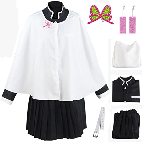 YEAJION Tsuyuri Kanao Kostüm mit Umhang Erwachsene Kinder Verkleidung Demon Slayer Anime Uniform und Schmetterling Spange Ohrringe für Cosplay Halloween Karneval Geburtstag Party Costume mit Perücken von YEAJION