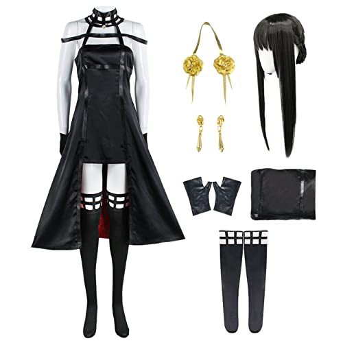 YEAJION Yor Forger Cosplay Kostüm mit Perücke Anime Spy X Family Cosplay Kostüm Anya Cosplay Outfit Yor Forger Verkleidung Halloween Karneval Party Kostüm für Erwachsene Damen von YEAJION