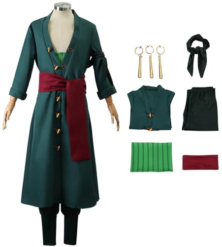 YEAJION Zoro Kostüm Herren Cosplay Zoro Anime Uniform Kleidung und Zubehör Kopftücher für Erwachsene Verkleidung Halloween Karneval Maskerade Geburtstagsthema Party Anzug Grün von YEAJION