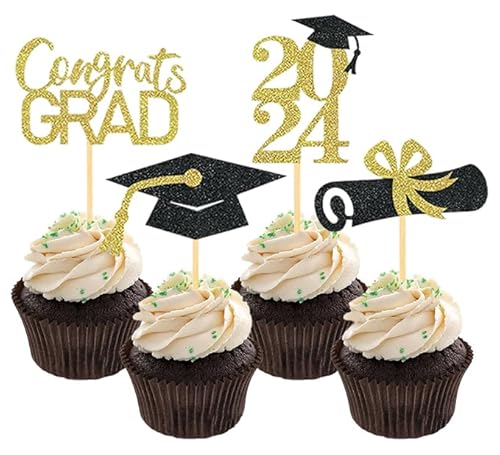 Graduation Cake Topper Abschluss Tortendeko 2024 Kuchen Deko Glitzer Cake Decoration für Graduation Party, Abschlussfeier, Schulabschluss (24 Stück) von YEAMLTE