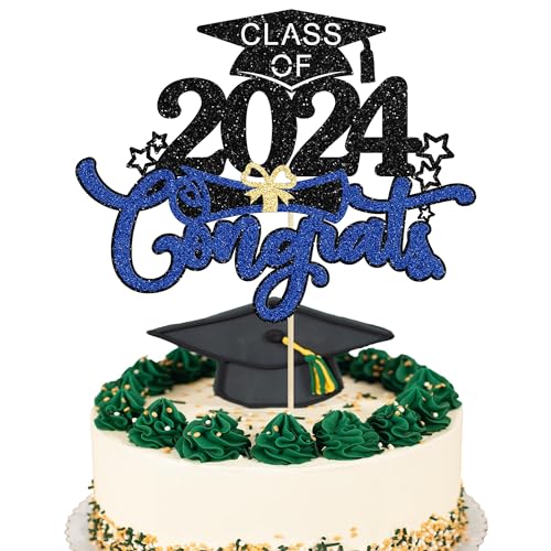 Graduation Cake Topper Abschluss Tortendeko 2024 Kuchen Deko Glitzer Cake Decoration für Graduation Party, Abschlussfeier, Schulabschluss (Blau) von YEAMLTE