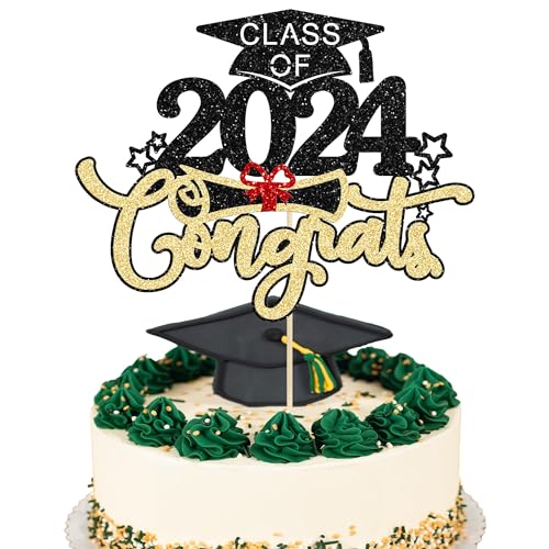 Graduation Cake Topper Abschluss Tortendeko 2024 Kuchen Deko Glitzer Cake Decoration für Graduation Party, Abschlussfeier, Schulabschluss (Gold) von YEAMLTE