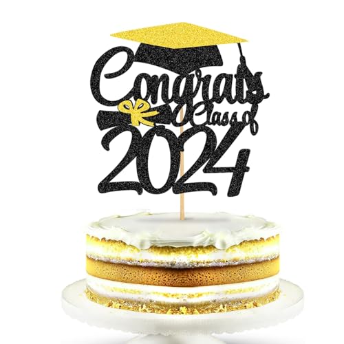 Graduation Cake Topper Abschluss Tortendeko 2024 Kuchen Deko Glitzer Cake Decoration für Graduation Party, Abschlussfeier, Schulabschluss (Schwarz Gold) von YEAMLTE