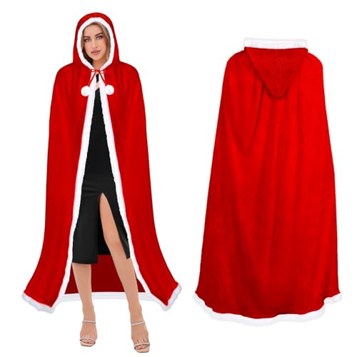 Weihnachten Santa Umhang, Weihnachtsmantel Cape Damen, Roter Umhang mit Kapuze, Rote Samt Weihnachtsmantel, Santa Claus Umhang mit Kapuze, Weihnachtsoutfits für Kinder und Erwachsene (150cm) von YEAMLTE