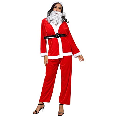 YEBIRAL 5tlg. Set Nikolaus Anzug Weihnachtsmann Erwachsenen Kostüm Santa Claus Cosplay Nikolauskostüm Kostüm für Damen Mit - Mütze, Bart, Gürtel von YEBIRAL