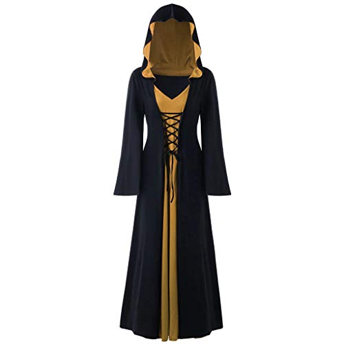 YEBIRAL Damen Langarm mit Kapuze Mittelalter Kleid bodenlangen Cosplay Dress Age Mittelalter Kleidung Große Größen Renaissance Halloween Party Kostüm Karneval Weihnachten Kleider (Y-1 Khaki, M) von YEBIRAL