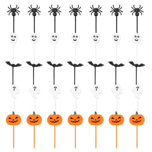 YEJAHY 100 Stück Halloween Cupcake Topper, Halloween Käseplatte Deko, Halloween Party Tortendeko, Tortendeko Zahnstocher, Kürbis, Spinne, Totenkopf von YEJAHY