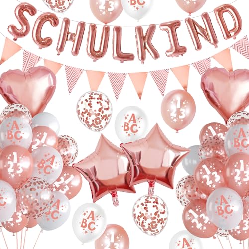 YEJIKJ Einschulung Schuleinführung Schulanfang Deko Mädchen Set, Rosa SCHULKIND Ballon+Banner+Zuckertüte Luftballon Rosa mit ABC&123, Einladung Schultüte Jungen für Einschulung Deko Schulkind Deko von YEJIKJ