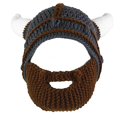 YEKEYI Handgefertigter Strickhelm und abnehmbarer Barbar-Ritter-Strickmütze, Wikingerhörner, Beanie, lustige Mütze von YEKEYI