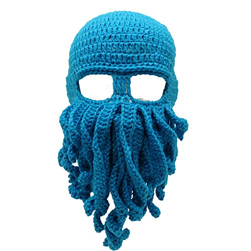 YEKEYI Lustige Ritterhelm Beanie mit Bart Mütze Handgemachte Strickmütze Winter Dicke Kappe Octopus Hut Halloween Cosplay Skimaske, lblue, Einheitsgröße von YEKEYI