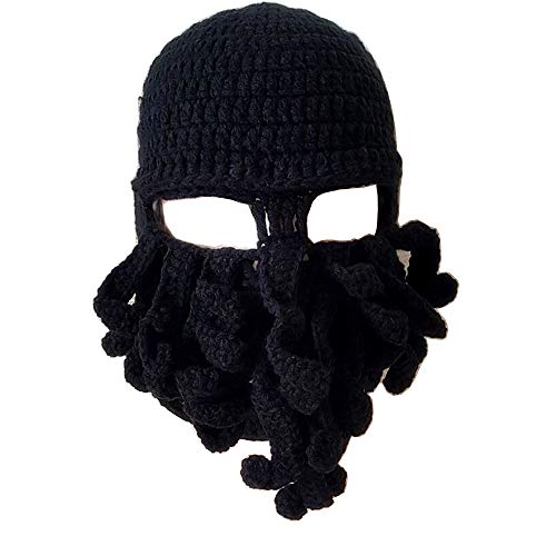 YEKEYI Lustige Ritterhelm Beanie mit Bart Mütze Handgemachte Strickmütze Winter Dicke Kappe Oktopus Hut Halloween Cosplay Skimaske, Schwarz , Einheitsgröße von YEKEYI