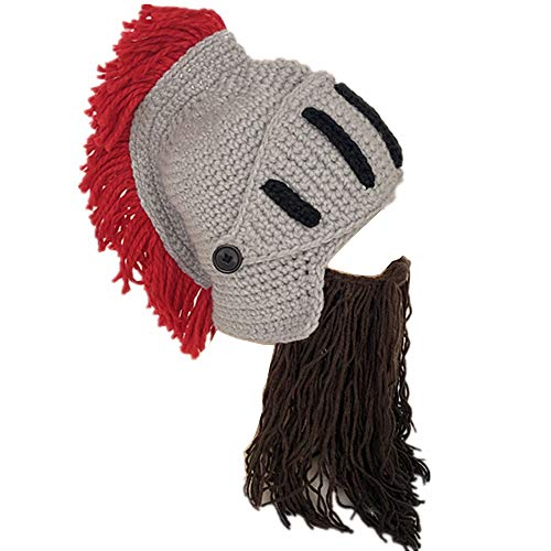 YEKEYI Lustige Ritterhelm Beanie mit Bart Mütze Handgemachte Strickmütze Winter Dicke Kappe Oktopus Hut Halloween Cosplay Skimaske, braun, Einheitsgröße von YEKEYI