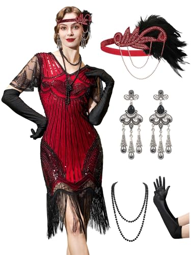 YESSA 1920er Jahre Flapper-Kleid für Damen, durchsichtige Perlenärmel, Great Gatsby-Kleid, brüllende 20er-Jahre-Kleid, Kostüme mit Zubehör, Rot/Ausflug, einfarbig (Getaway Solids), L von YESSA