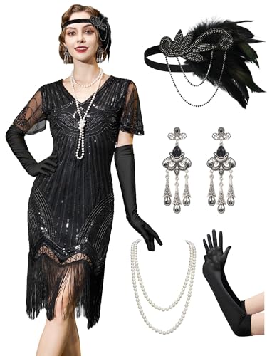 YESSA 1920er Jahre Flapper-Kleid für Damen, durchsichtige Perlenärmel, Great Gatsby-Kleid, brüllende 20er-Jahre-Kleid, Kostüme mit Zubehör, Schwarz, L von YESSA