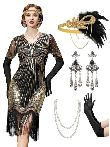 YESSA 1920er Jahre Flapper-Kleid für Damen, durchsichtige Perlenärmel, Great Gatsby-Kleid, brüllende 20er-Jahre-Kleid, Kostüme mit Zubehör, Schwarz Gold, L von YESSA