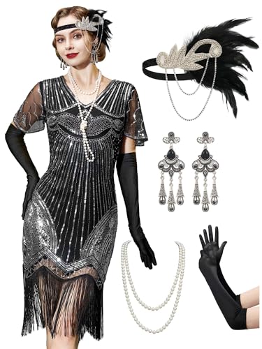 YESSA 1920er Jahre Flapper-Kleid für Damen, durchsichtige Perlenärmel, Great Gatsby-Kleid, brüllende 20er-Jahre-Kleid, Kostüme mit Zubehör, schwarz/silberfarben, L von YESSA