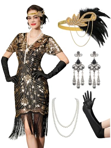 YESSA 20er Jahre Kostüm Damen,Gatsby Kleid Damen mit 20er Jahre Kleid Accessoires,Charleston Flapper outfit,schwarzes gold,klein YESSA 20er Jahre Kostüm Damen,Gatsby Kleid Damen mit 20er Jahre Kleid Accessoires,Charleston Flapper outfit,schwarzes gold,klein von YESSA