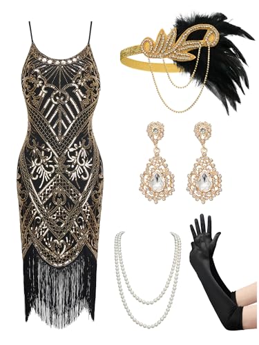 YESSA Damen Flapper-Kleid, 1920er-Jahre, Great Gatsby-Kleid, Pailletten-Fransen, Cocktailkleid, brüllendes 20er-Jahre-Kleid für Harlem-Nächte, Schwarz Gold, L von YESSA