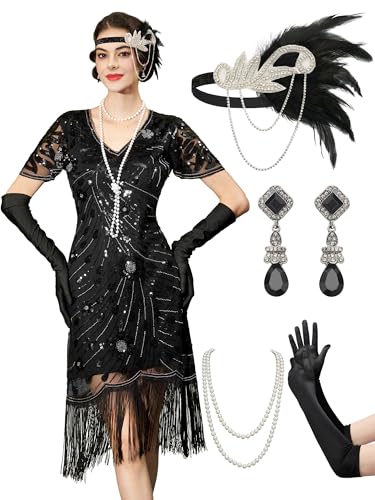 YESSA Flapper-Kleider im Stil der 1920er-Jahre, Great Gatsby-Kleid für Damen, Fransen-Kostüme, brüllende 20er-Jahre-Kostüme mit Accessoires für Harlem Nights, Schwarz, M von YESSA