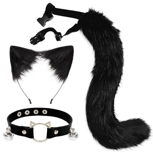 3-Teiliges Set Katzenkostüm, Katzenohren Haarreif, Katzenkostüm Damen Erwachsener Set mit Plüsch Schwarz, Katzenschwanz und Katzenohren Halsband für Halloween, Karneval, Kostümfest, Katze Cosplay von YEWCEP