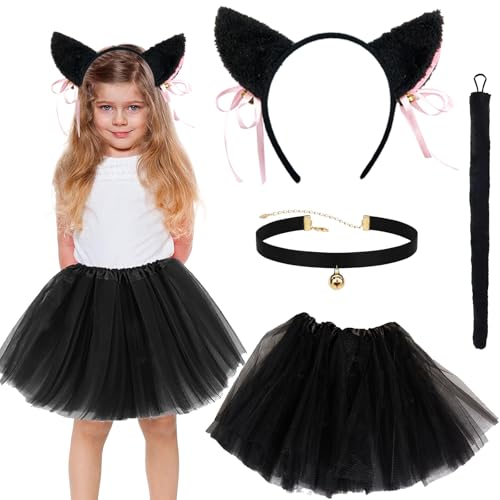 4 teiliges Set Katzenkostüm, Katzenkostüm Kinder Mädchen Katze Cosplay Set Mit Katzenohren-Stirnband, Glockenhalsband, Schwarzes Kleid Und Katzenschwanz Für Karneval Fasching Motto Cosplay Party von YEWCEP