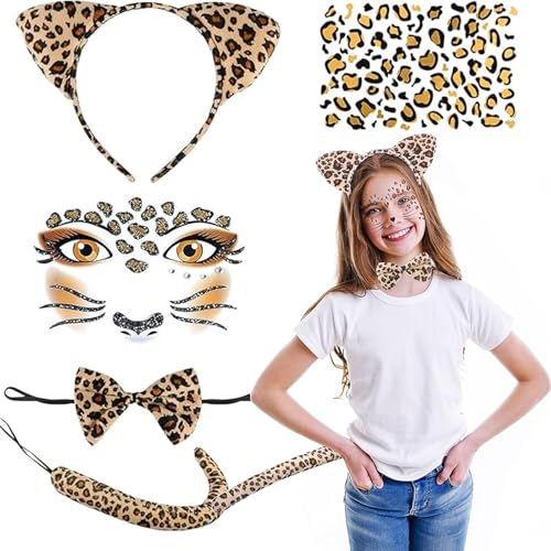 5 Stück Leopard Kostüm Kinder,Leoparden Kostüm Damen,Leoparden Kostüm Set, Leoparden Ohren Haarreif,Leopard Schwanz,Fliege,Glitzer Tattoo Gesicht Aufkleber Set für Fasching,Karneval,Party Animals von YEWCEP