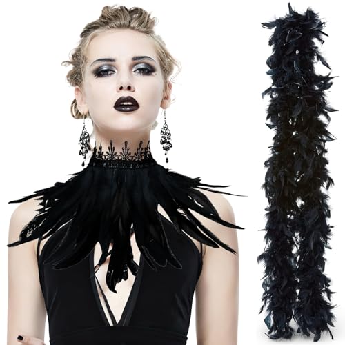 Featherboa Schwarz, Frauen Hals Federn Schwarz, Maleficent Kostüm Damen,Retro Feder Manschette Spitze Flügelhals, Gotische Mesh Hals Karneval Kostüm Rollenspiel Party Zubehör von YEWCEP