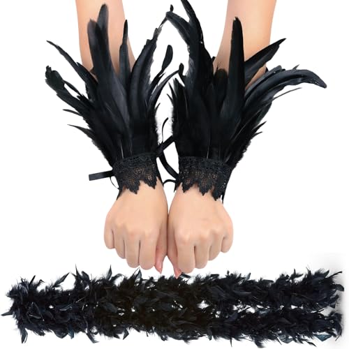 Federboa Schwarz,Damen Handgelenk Manschetten Federn Schwarz,Federboa,Vintage Feder Manschette Spitzenflügel-Armbänder, Gothic-Mesh-Armband Zubehör für Halloween Karneval Kostüm Rollenspiel Party Game von YEWCEP