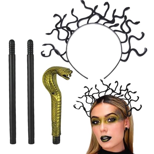 YEWCEP 2-Teiliges Set Medusa Kostüm,Mzepter,Medusa, Serpentine Stirnbänder, Plastik Serpentine Haarreifen, Medusa Form für Party, Cosplay, Halloween Medusa Kopfschmuck, Unisex (Schwarz＋Golden) von YEWCEP