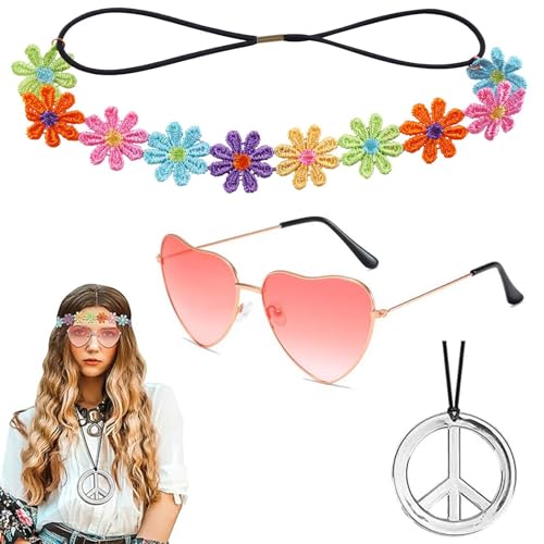 YEWCEP 3 Pcs Hippie Accessoires, Schlager Outfit Damen, Hippie Accessoires, Hippie Haarband, Vintage Hippie Brille Im Stil 60er 70er Jahre, Boho Stirnband Blume Stirnband Friedenszeichen Halskette von YEWCEP