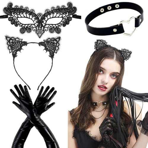 YEWCEP 4 Stück Catwoman Kostüm Damen, Venezianische Maske Damen, Faschingskostüm Frauen Accessoires, Catwoman Maske Kostüm mit Lange Handschuhe und Schwanz Karneval Festival Maskerade Halloween Party von YEWCEP