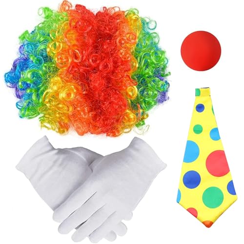 YEWCEP 5 Stück Clown kostüm Accessoire, Clown Lockenperücke + Clownsnase + Bunte Krawatte + Handschuhe, Clown kostüm Damen für Halloween Kostüm Party Cosplay Karneval Clown Dress Up von YEWCEP