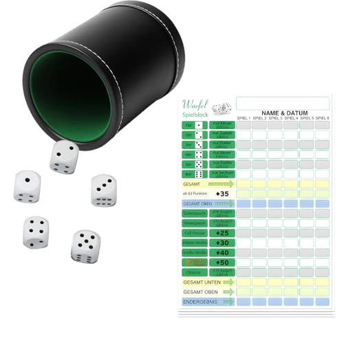 YEWCEP Würfelspiele Set, Kniffel Spiel Mit Würfelbecher Und Kniffelblock, Ideal Für Familienabende Und Partys, Schwarz PU-Leder Würfelbecher 7.5x6x9CM YEWCEP Würfelspiele Set, Kniffel Spiel Mit Würfelbecher Und Kniffelblock, Ideal Für Familienabende Und Partys, Schwarz PU-Leder Würfelbecher 7.5x6x9CM von YEWCEP