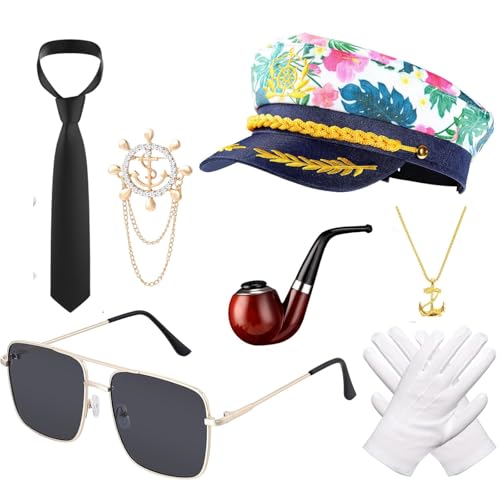 YFCJYBF 7 Stück Kapitän Hut Kapitänsmütze Kostüm set,Herren Ideal Kapitänsmütze Kostüm, Partyhut Marine Mütze Damen/Männer Marine Hut Kapitän Accessoires für Party Cosplay von YFCJYBF