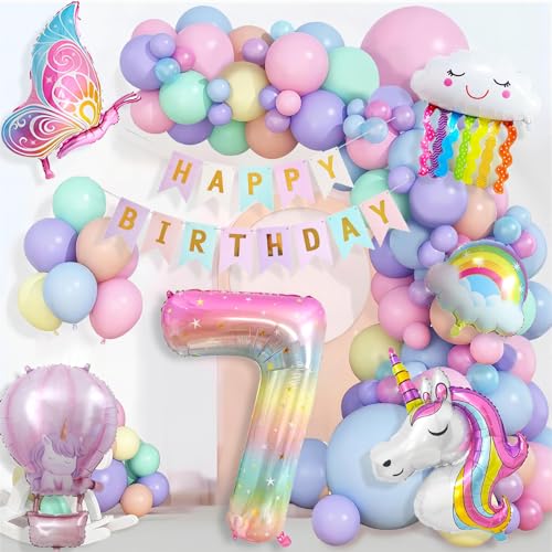 Einhorn Geburtstagsdeko Mädchen, 7 Jahre Einhorn Deko Kindergeburtstag, Einhorn Luftballons Geburtstag Happy Birthday Banner, Schmetterling Folienballon Kindergeburtstag 7. Geburtstag Mädchen Deko von YFKJEU