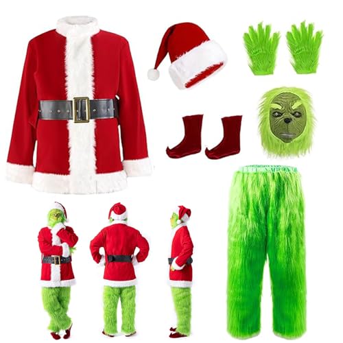 YFMBFV Grinch Kostüm Erwachsene,7 PCS Grinch Weihnachtsmann Outfit Grünes Monster Halloween Christmas Funny Cosplay Costume Props for Women Men von YFMBFV