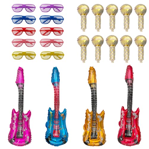 30 Stück Aufblasbare Instrumente Spielzeug Set,Buntes Aufblasbare Gitarre+Mikrofon+Farbigen Shading Gläser,Aufblasbare Party Props,Party-Requisiten,Jumbo Rock Star für Kinder und Erwachsene von YFPOPONE