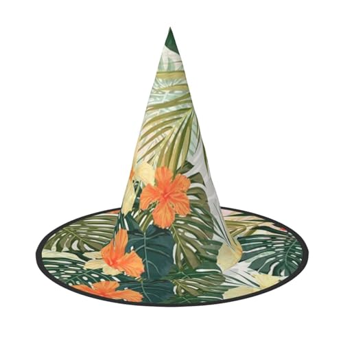 YFSGDLBN Vegetation Leaves with Hibiscus Flowers Printed Halloween Hat Witch Hat Pointy Hat Decorative Hat von YFSGDLBN