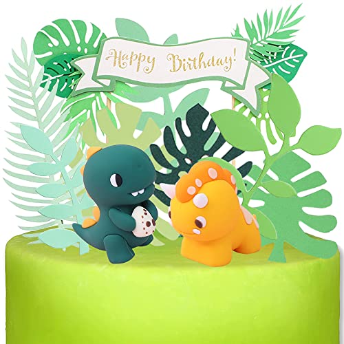 YGCHEN Dinosaurier Tortendeko Geburtstag Kuchen Dekoration Dino Figuren Kuchendeko Happy Birthday Cake Toppers Blätter Kindergeburtstag Dschungel Deko für Mädchen Junge 10 Stück von YGCHEN